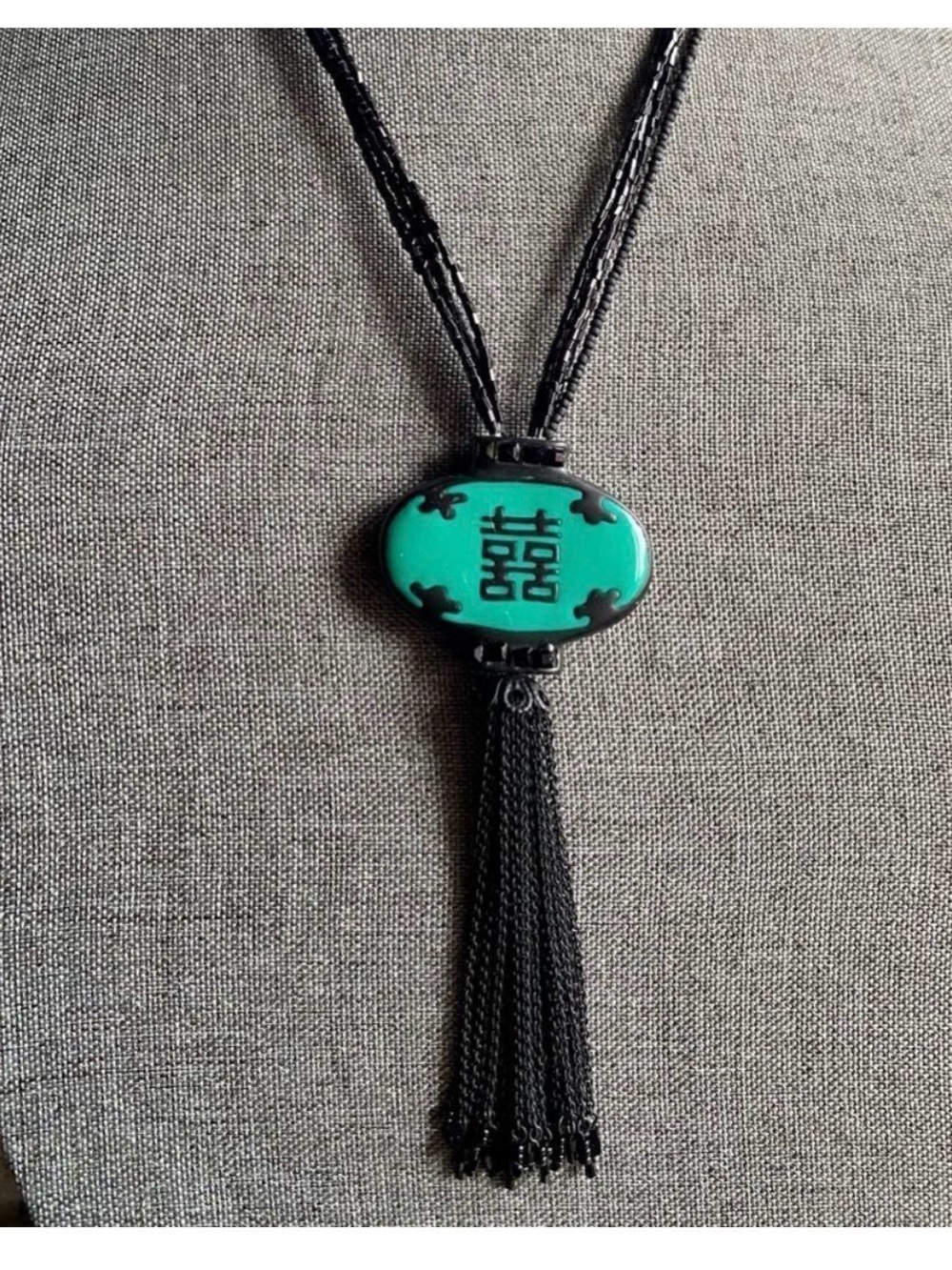 Chico's Black Tassel lantern Necklace with Turquoise Oval Pendant